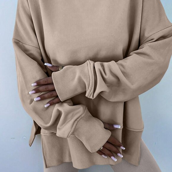 B326 Tan Solid Color Oversize Slit Sweatshirt and Ribbed Leggings 2 pc Set - Picture 2 of 5